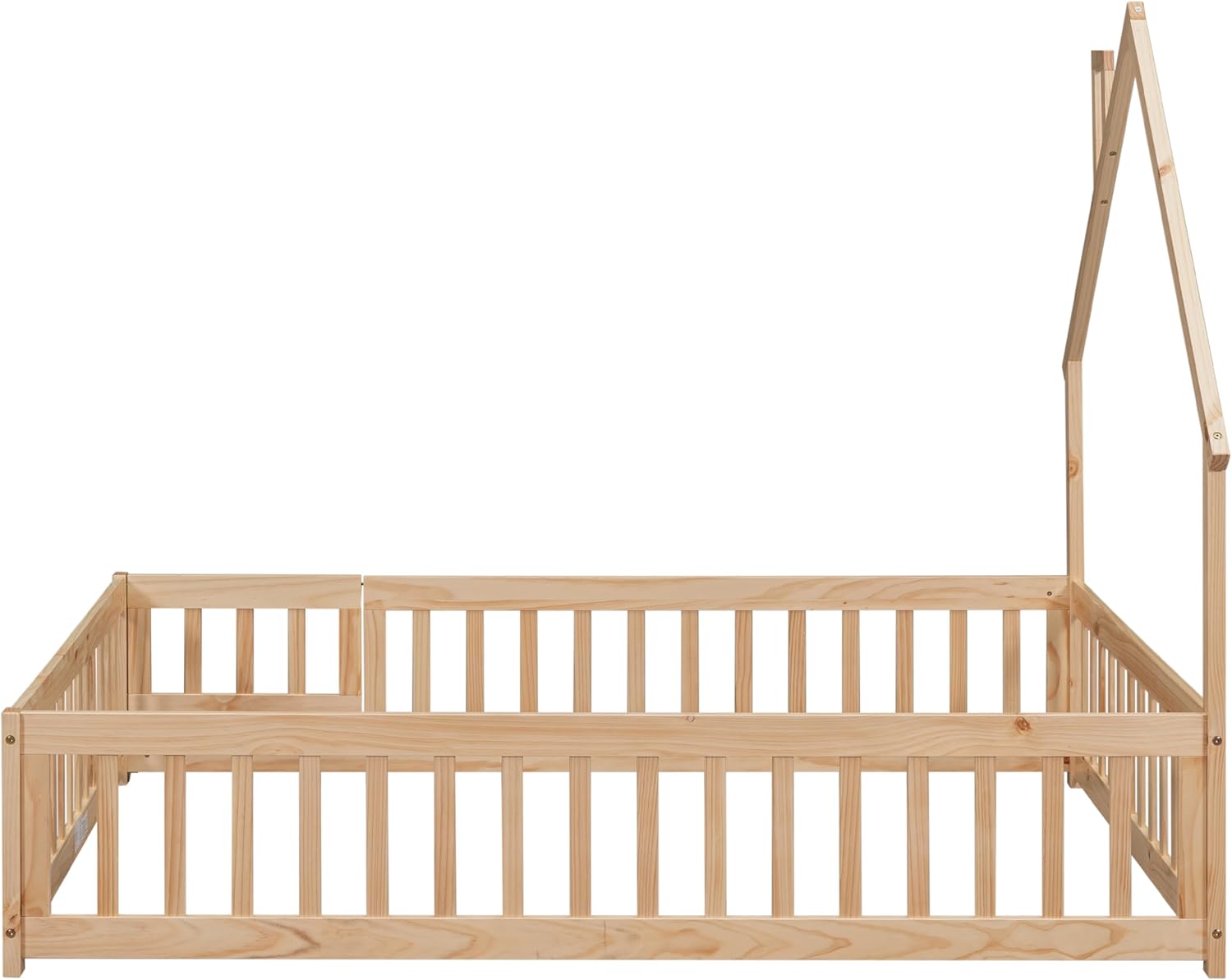 Full Size Floor Bed Frame with Fence & Door, Montessori Floor Bed with House-Shaped Headboard, Toddler Floor Bed for Kids Boys Girls, Easy Assembly, Natural
