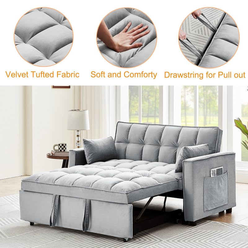 55" Convertible Sleeper Sofa Bed with USB Port, 3 in 1 Velvet Loveseat with Pull Out Bed, Small Love Seat Futon Couch Bed with 2 Pillows for Living Room Apartment,Beige