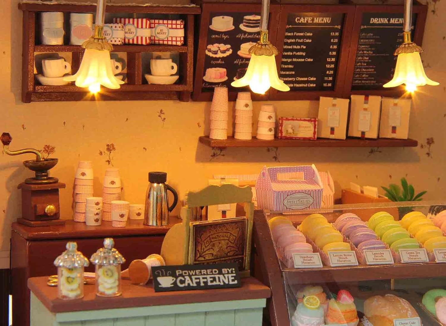 Ogrmar Wooden Dollhouse Miniatures DIY House Kit with Led Light and Dust Cover-Paris Coffee & Cake Shop