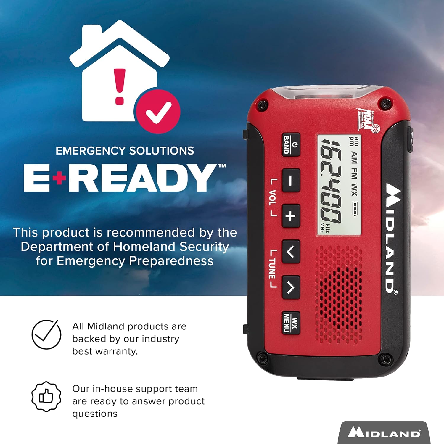 Midland - ER310, Emergency Crank Weather AM/FM Radio - Multiple Power Sources, SOS Emergency Flashlight, Ultrasonic Dog Whistle, & NOAA Weather Scan + Alert (Red/Black)