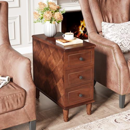 Fully Assembled End Table, Narrow Side Table with 3 Drawers, Pre-Assembled Nightstand Slim Bedside Table for Small Spaces, Living Room, Bedroom, Brown