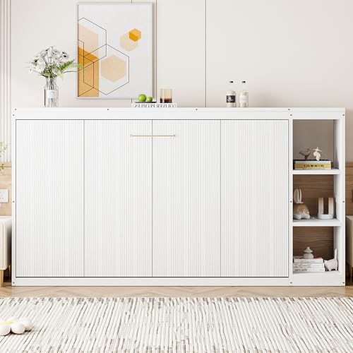 Wooden Murphy Cabinet Bed Frame with Charging Station, Full-Size Foldable Wall Bed with Large Storage Drawer for Home Apartment Limited Living Places, Space-Saving Hidden Bed No Box Spring Needed