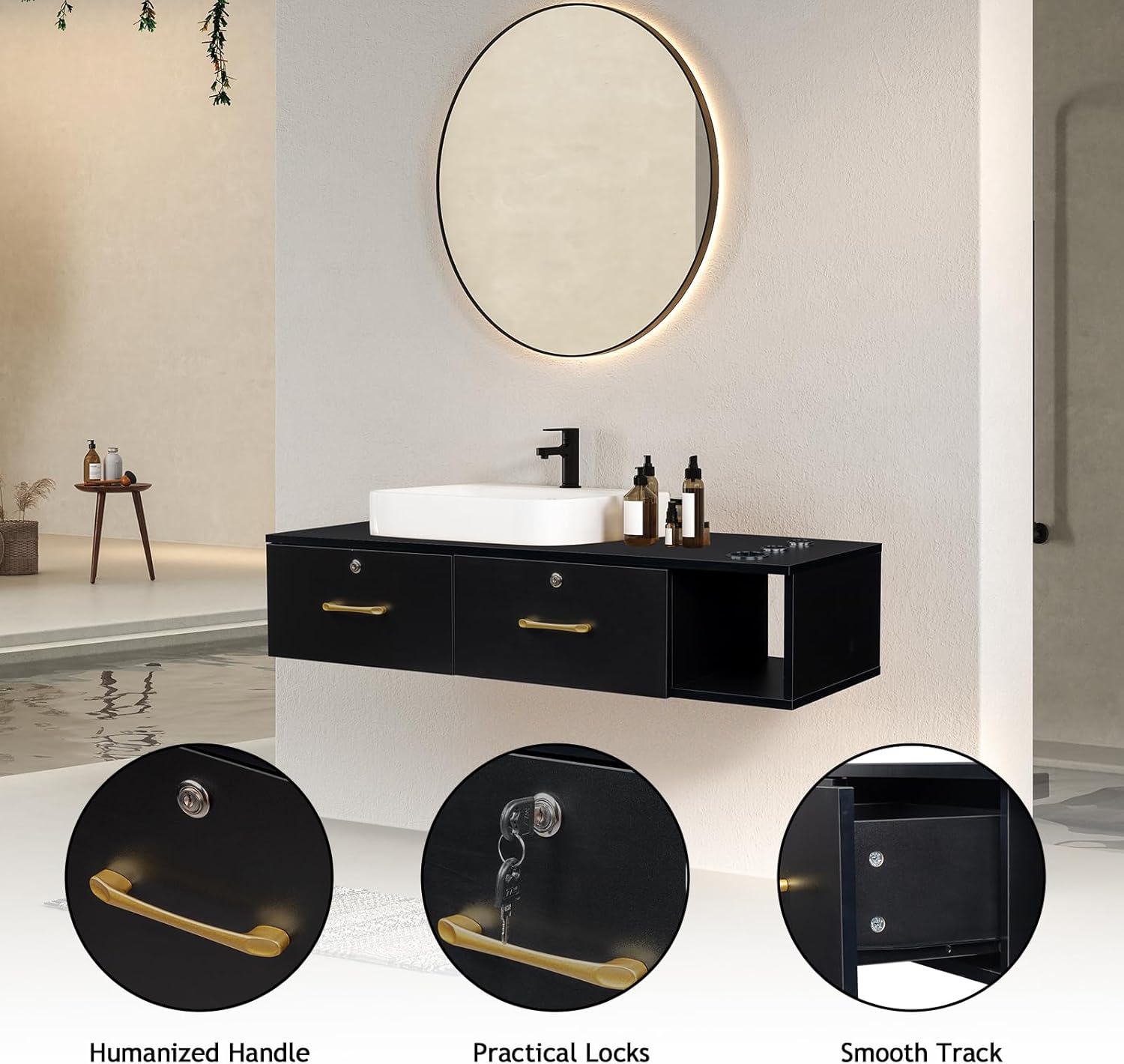 Black Wall Mount Station with Drawers Storage Beauty Salon Spa Equipment, Salon Cabinet Storage for Barbershop Beauty Spa Salon, Barber Table Salon Station Wood Beauty Salon Spa Storage Cabinet Table