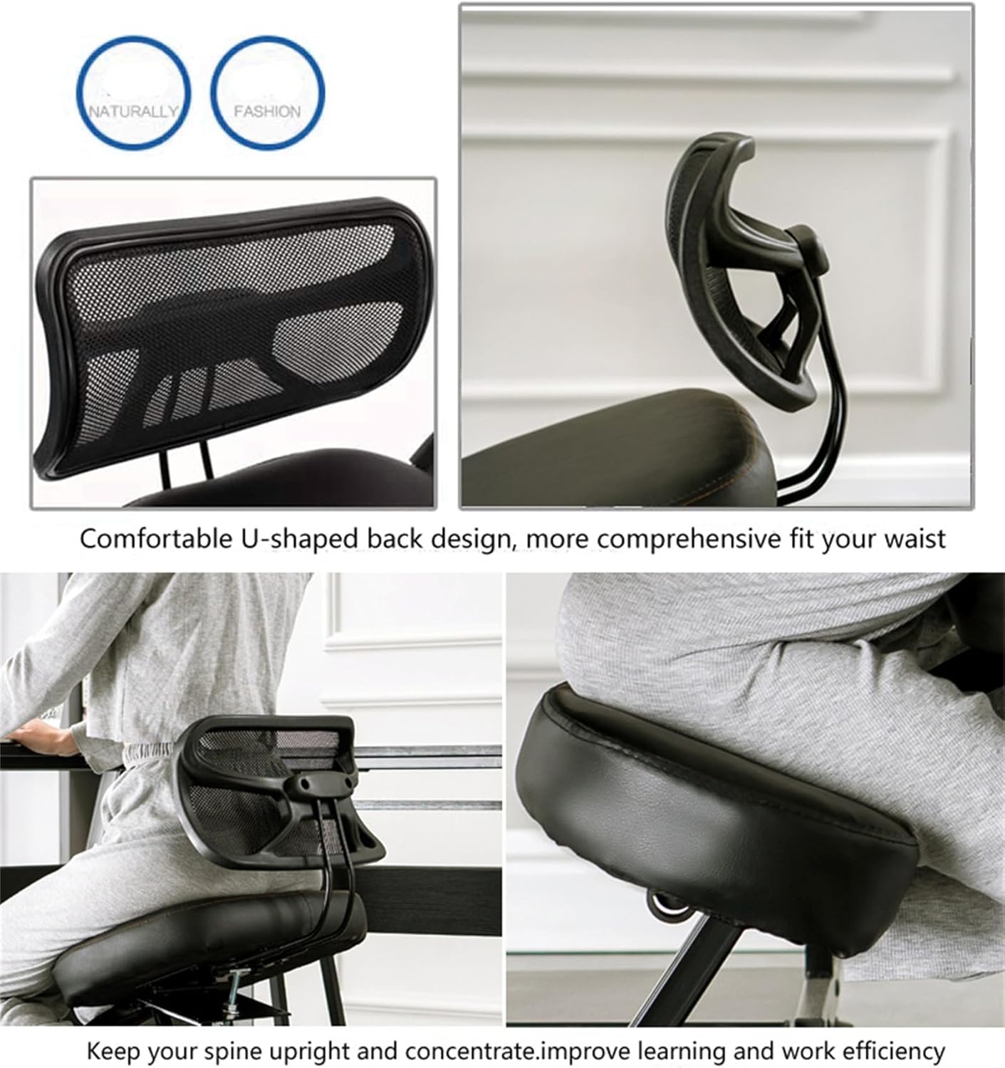 Ergonomic Kneeling Chair with Backrest, Rolling Posture Correction Kneeling Chair Adjustable Posture Knee Stool Chair for Home Office, Black