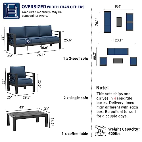 UDPATIO 8 Piece Aluminum Patio Furniture Set, Oversized Modern Outdoor Furniture Set with Olefin Fabric Cushion for Patio Deck Backyard, Dark Grey(with Waterproof Covers)