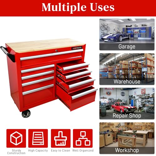 Heavy Duty Rolling Tool Chest with 9-Drawer Wood Top Tool Cart Mechanic Tool Box with Wheels Tool Storage Cabinet Mobile Workbench Tool Bench for Garage, Warehouse, Workshop, Repair Shop (Black)