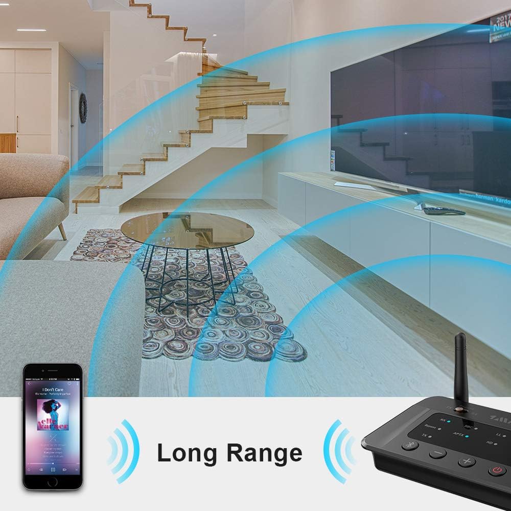 1Mii B03 Long Range Bluetooth 5.0 Transmitter Receiver for TV Home Stereo BT Headphones, aptX Low Latency Bluetooth Audio Adapter, Splitter for Wired & Wireless, Optical RCA AUX 3.5mm [Upgraded]