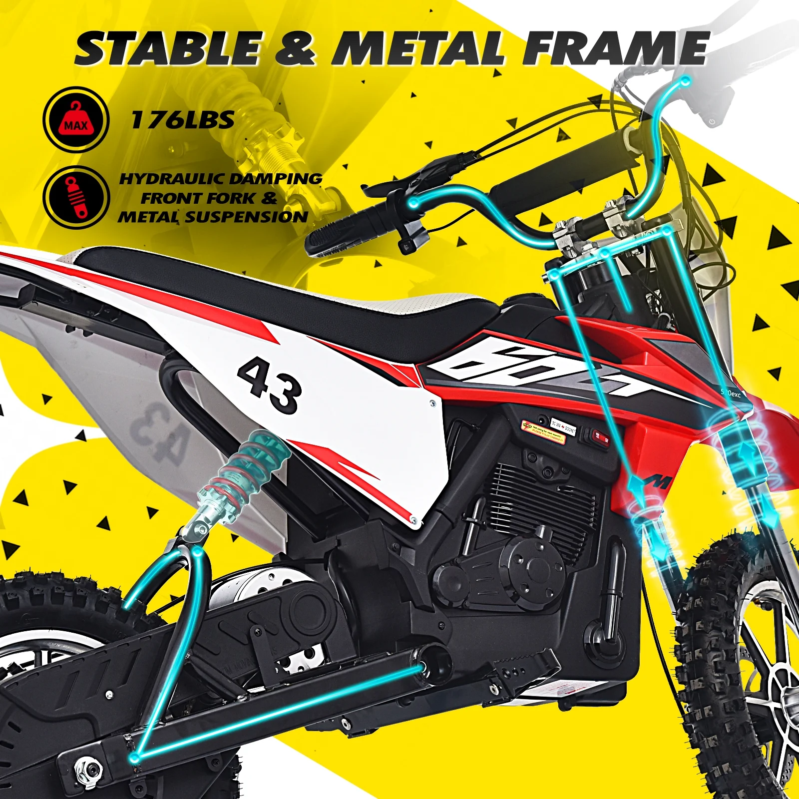 Blitzshark 36V 650W Kids Electric Dirt Bike Off-Road Motocross Ultra Powerful Motorcycle, with 17MPH MAX Speed, Rubber Tire, Twist Grip Throttle, Dual Suspension & Brakes, Leather Seat, SRK-MC20 Pro