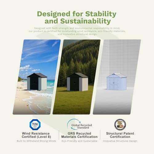 Patiowell 8 x 12 FT Plastic Outdoor Storage Shed with Floor, Resin Shed with Window and Lockable Door for Garden, Backyard, Tool Storage Use, Easy to Install in Beige (Kick-it Shed)