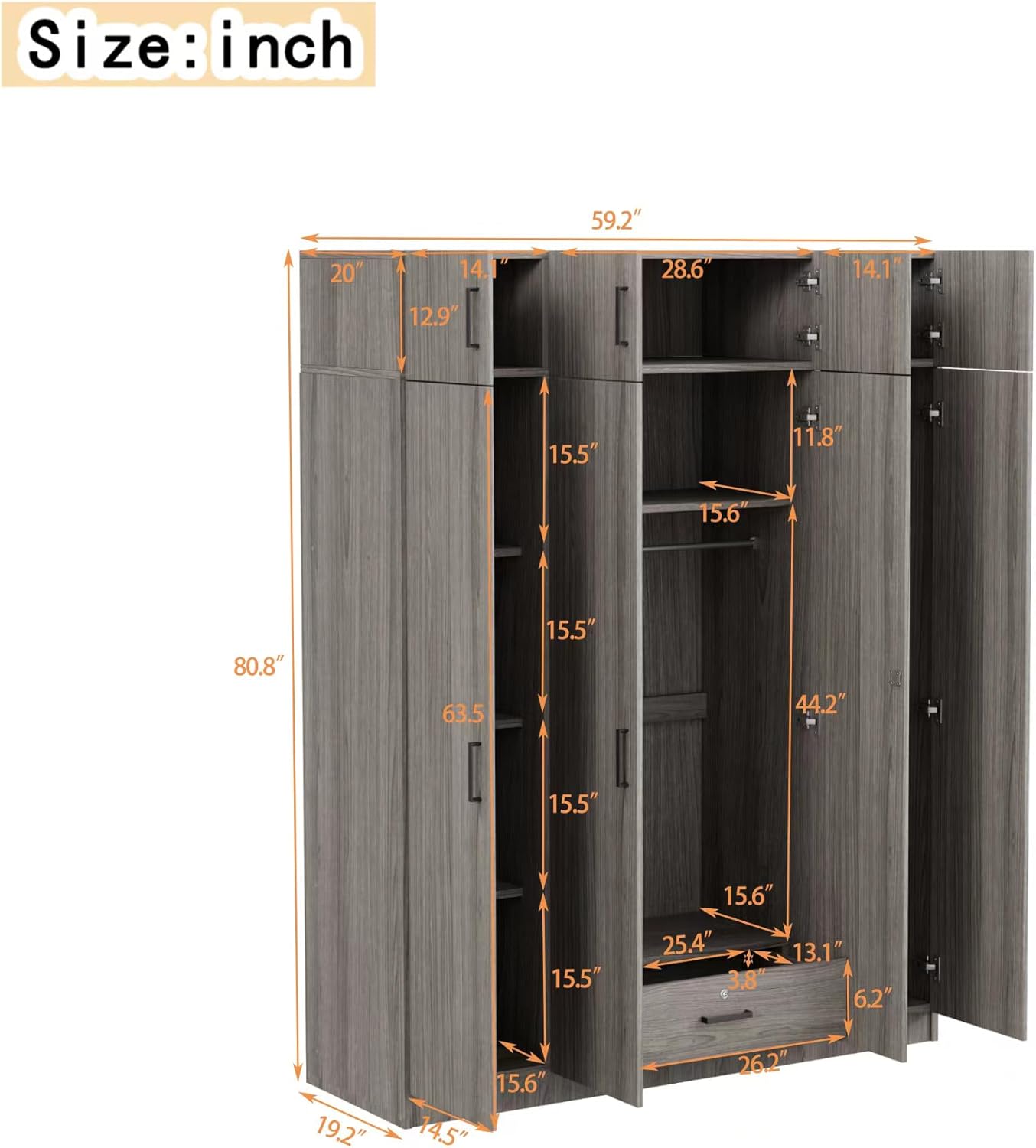 4-Door Armoire Wardrobe with Drawer and Top Cabinet, Storage Organizer w/Shelves & Clothing Rods, 80.8" H Wooden Freestanding Closet for Bedroom, Gray