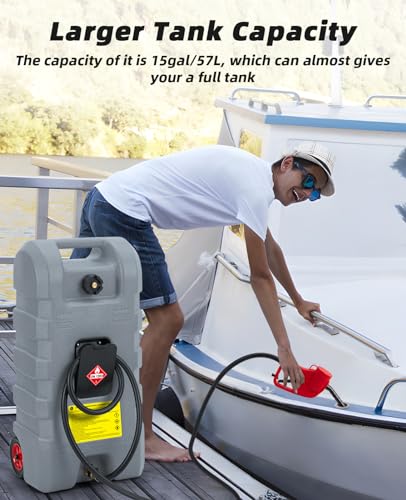 15 Gallon Fuel Caddy, Portable Gas Tank with Fluid Transfer Siphon Pump and 10-Foot Long Hose, Diesel Fuel Tank Gasoline Can with Manual Transfer Nozzle, 7.5 L/min, Grey