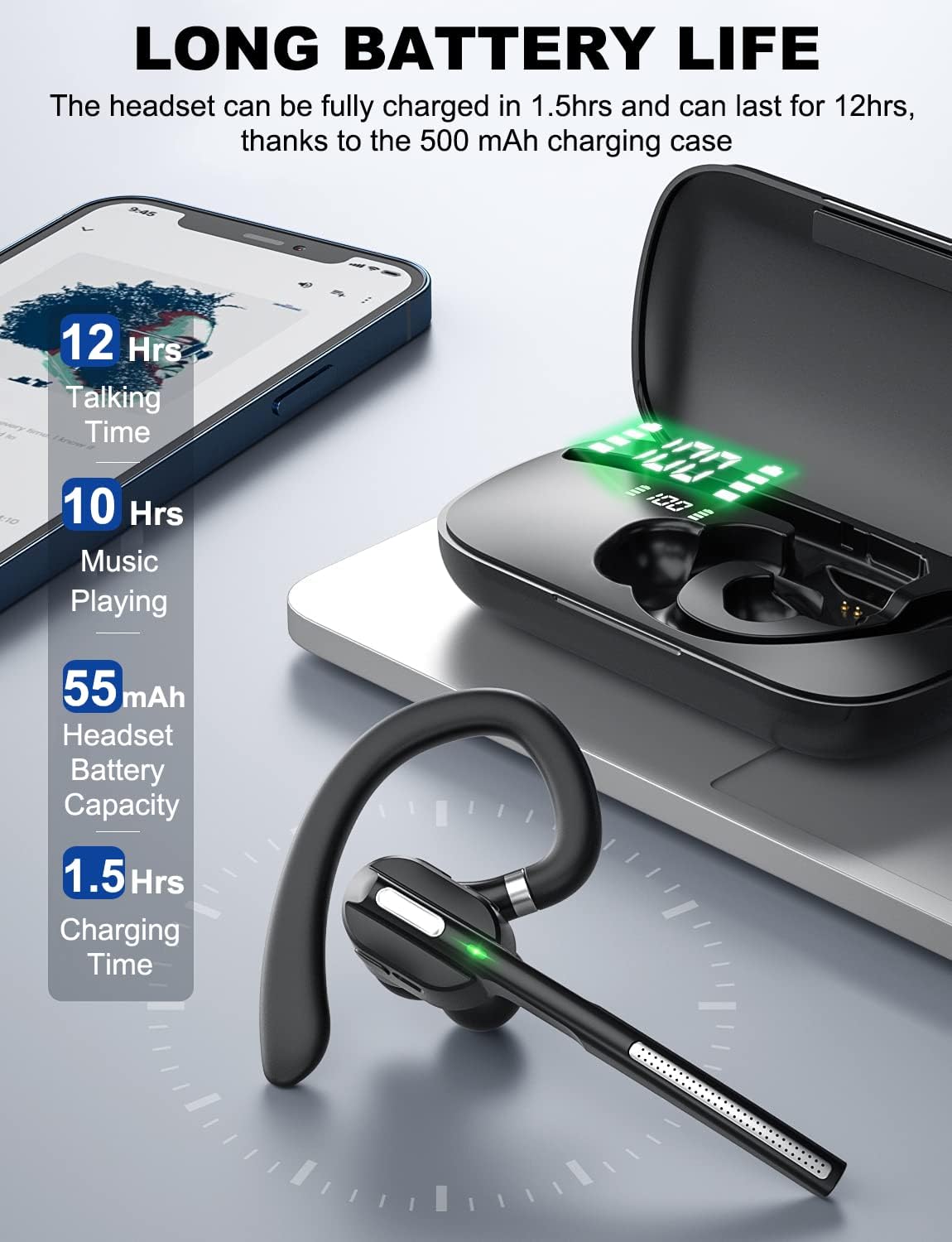 Dechoyecho Bluetooth Headset V5.1, Wireless Headset with Battery Display Charging Case, Bluetooth Earpiece with Noise Canceling Mic for Driving, Office and Business,Compatible with Cell Phone and PC Pack of 2