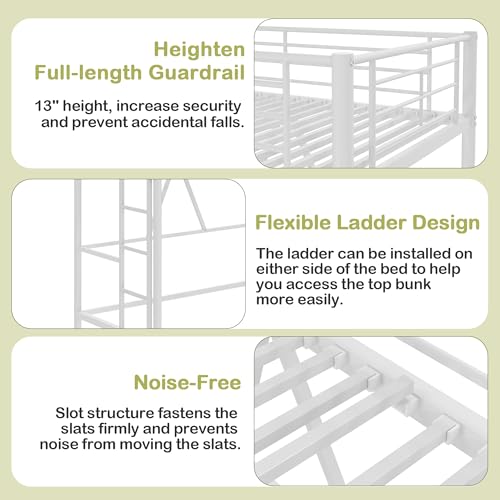 VECELO Metal Loft Bed Twin Size, Heavy Duty Bedframe with Removable Ladder and Safety Guardrail, Space-Saving, Noise Free, No Box Spring Needed, Off White