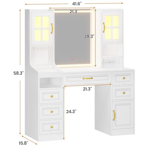 White Vanity Desk with Touch Screen Mirror and Lights, Large Makeup Vanity with RGB Light Cabinets & Charging Station, 6 Drawers, 5 Jewelry Hooks, Vanity Table with Lighted Mirror
