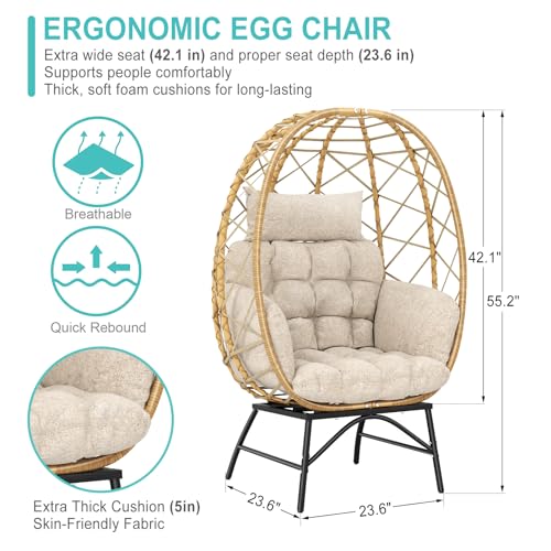SWITTE Wicker Egg Chair Outdoor Indoor, Oversized Rattan Patio Lounge Chairs with Cushion for Backyard, Living Room, Steel Frame, 480lb Capacity-Cream
