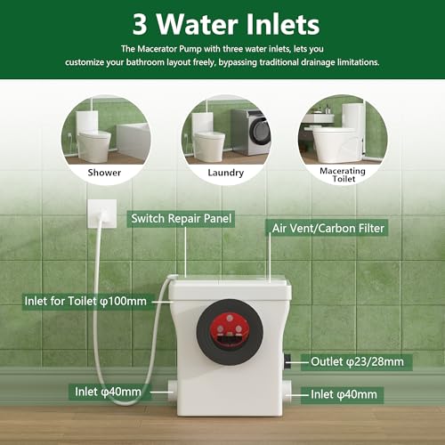 SUPERFLO Macerating Toilet System with Macerator Toilet Pump & One Piece Toilet Bowl,600W Upflush Toilet for Basement Pump to V26.2- H262 Feet