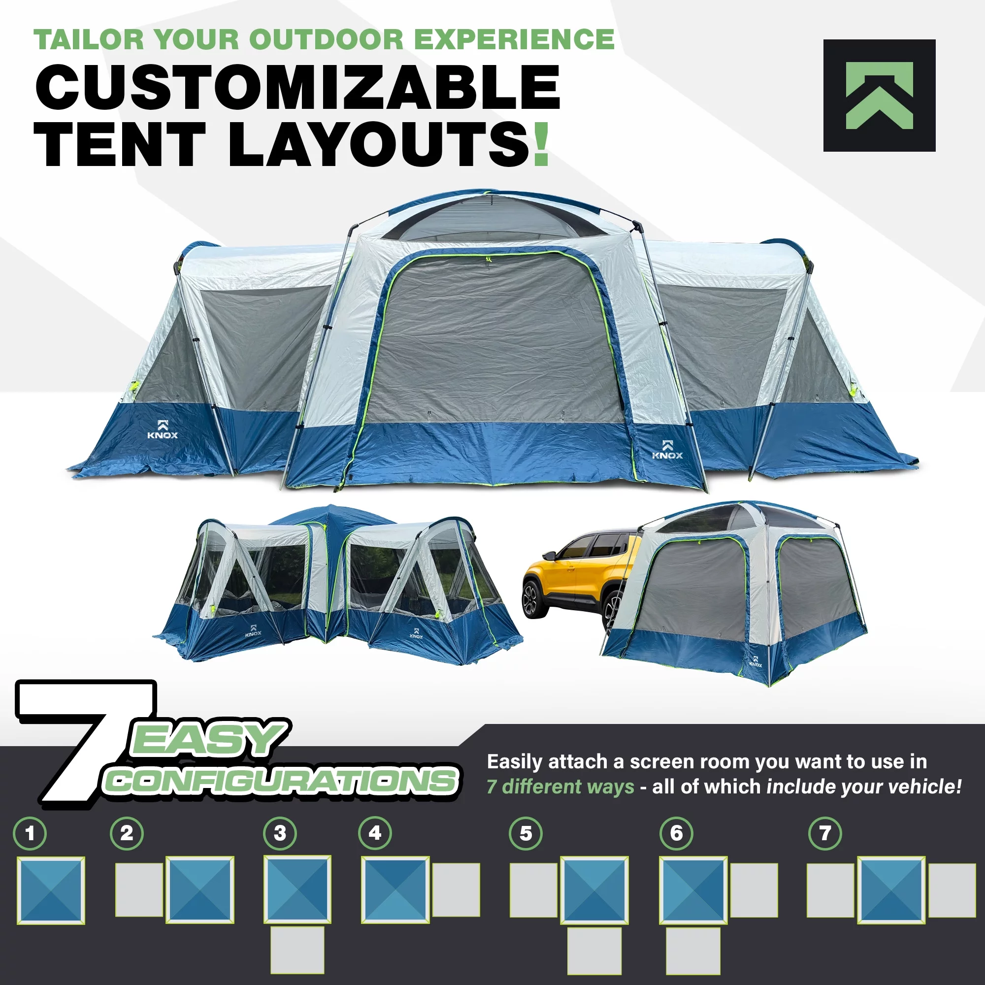 KNOX 10-Person Luxury SUV Tents for Camping, Glamping Tent, Car Tent for Family Camping, Hunting Party, Tailgate Tent Travel Outdoor, Car Camping Tent for Pets, 10'x10' Includes 2 Screen Rooms Rainfly