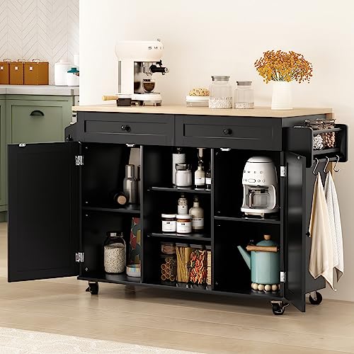 HLR Kitchen Island On Wheels, Rolling Kitchen Island Cart with Drop Leaf Countertop, Barn Door Kitchen Island Table with Storage Cabinet and Tower Rack, Island Table for Kitchen (Blue)