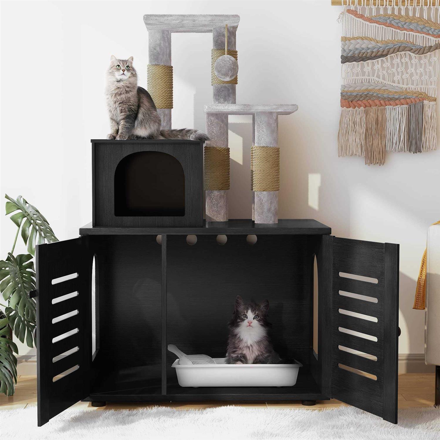 Recaceik Cat Litter Box Enclosure with Cat Tree Hidden Cat Washroom Furniture with Divider - Pet Supplies online store