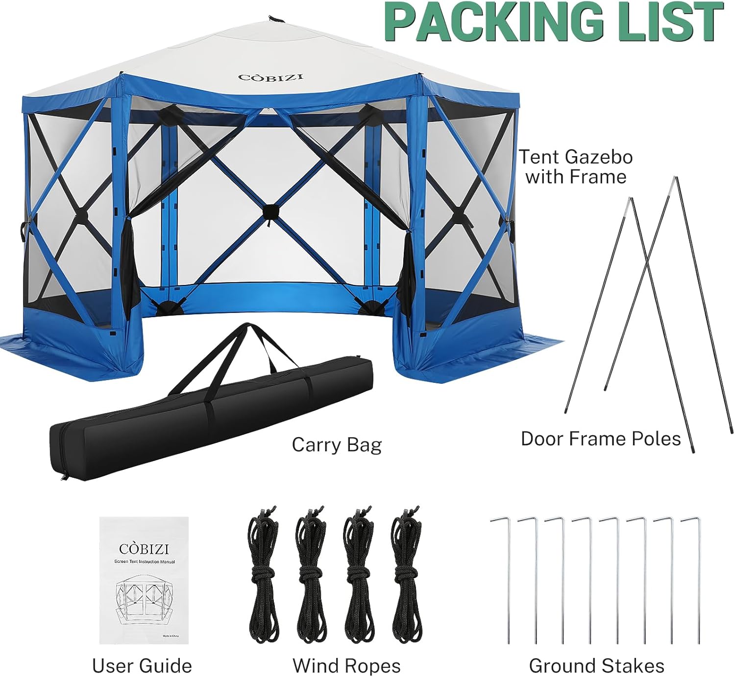 COBIZI 12x12ft Pop up Gazebo Screen House Tent with Mosquito Netting, 6 Sided Pop-up Canopy Shelter Tent Easy-Set portable gazebo with Carry Bag for Outdoor Camping, Lawn and Backyard, Blue
