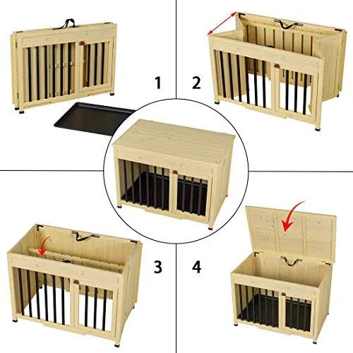No Assembly Foldable Indoor Wood Dog Crate Pet Cage Portable House w/ Tray