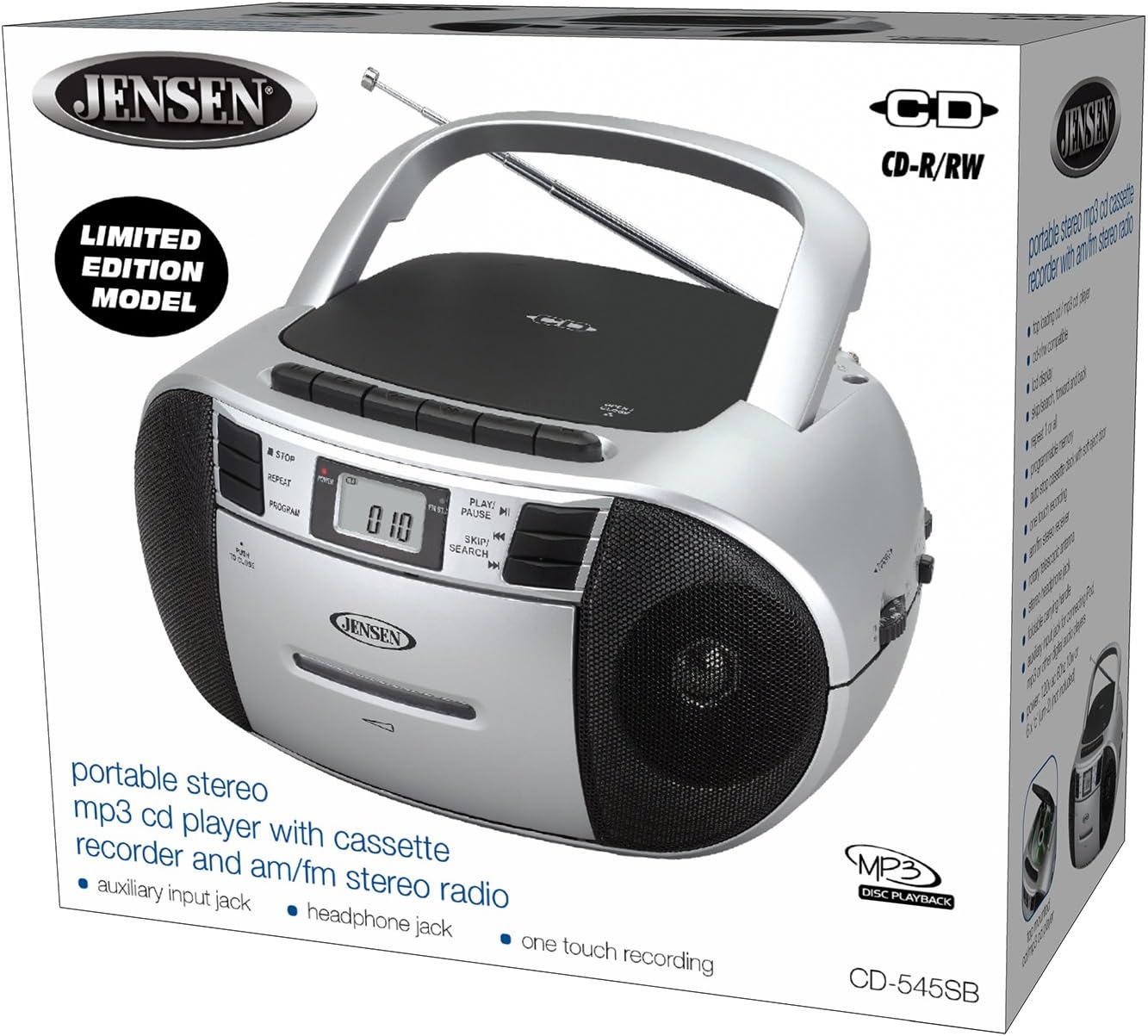 Jensen CD-545MP3 Top-Loading CD/MP3 AM/FM Radio Cassette Player, and Recorder Boombox Home Audio, Aux, Headphone (Silver/Black) Pack of 2