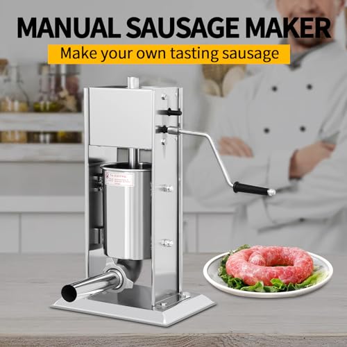 Manual Sausage Stuffer 7L/14LB, Vertical Sausage Maker, Food Grade Stainless Steel Meat Filling Kitchen Machine with 5 Stuffing Tubes for Commercial, Home and Outdoor