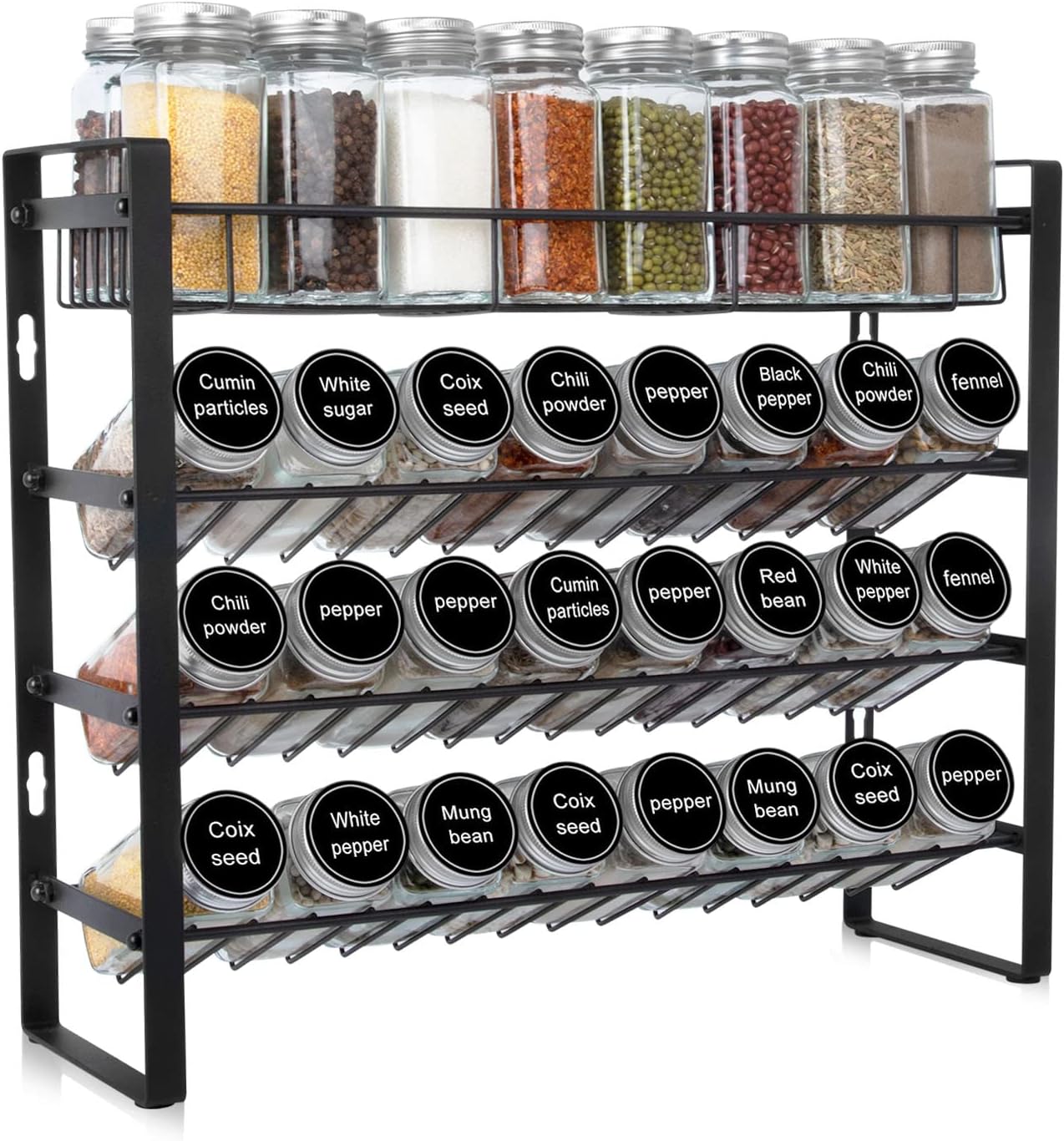 Spice Rack Organizer for Cabinet, Seasoning Organizer, Spice Organizer for Pantry, Spice Rack Wall Mount, 4 Tier Kitchen Countertop Storage Rack with Hooks, Amtiw Without Jars Detachable Spice Rack