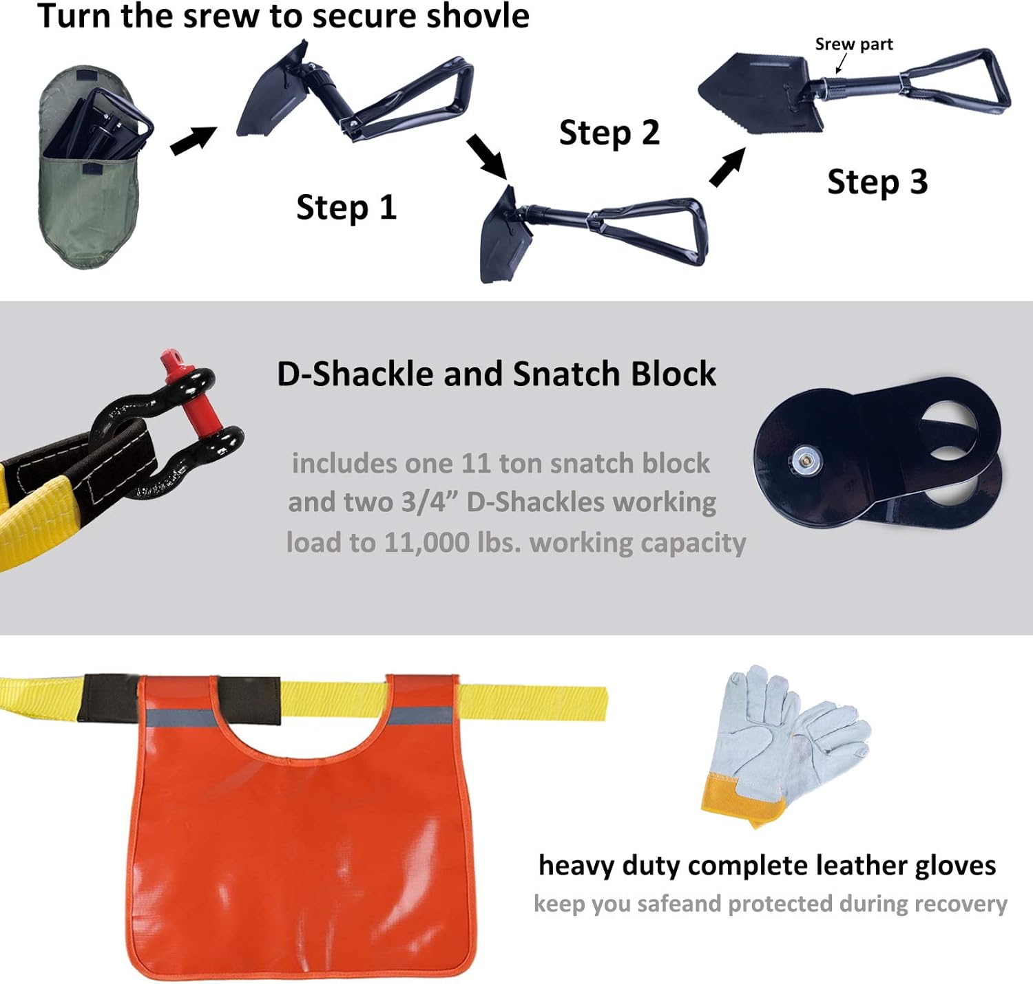 Autofonder Heavy Duty Tow Strap 12T Recovery Kit: 4WD Tow Strap + 3/4 Bow Shackle (2pcs) + Storage Bag (20ft)