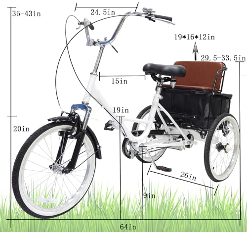 Adult Tricycle 7 Speed,Tricycle Adult Folding Bicycle 3 Wheel Bike Adult, 20in Wheels Cruiser Bikes with Multifunctional Cargo Basket for Seniors, Women, Men