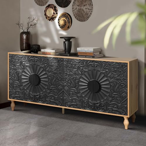 Sideboard Buffet Cabinet with Storage, Large Kitchen Storage Cabinet with Carved Door, Wood Coffee Bar Cabinet Buffet Table Console for Living Room Entryway Dining Room, Black+White