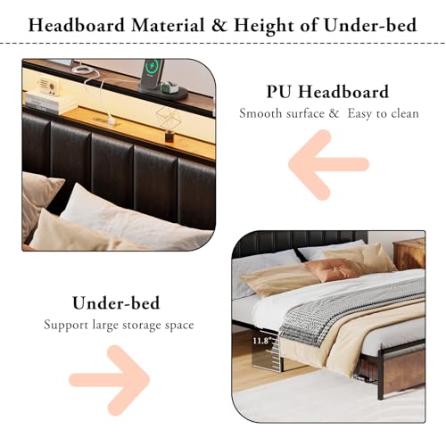 Full Bed Frame with 2 Storage Drawers, 2-Tier Storage PU Headboard with Charging Station& LED Lights, Metal Platform Bed/No Box Spring Needed/Noise Free/Black
