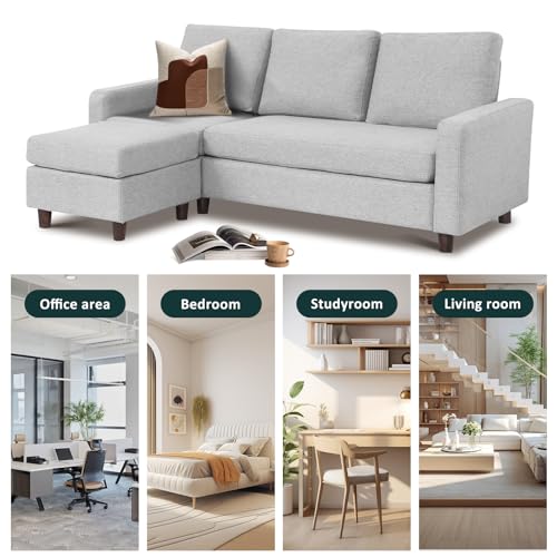 Babion 79" Convertible Sectional Sofa Couch, Linen Fabric L-Shaped Couch 3-Seat Sofa with Removable Ottoman for Living Room, Apartment and Compact Spaces, Light Gray