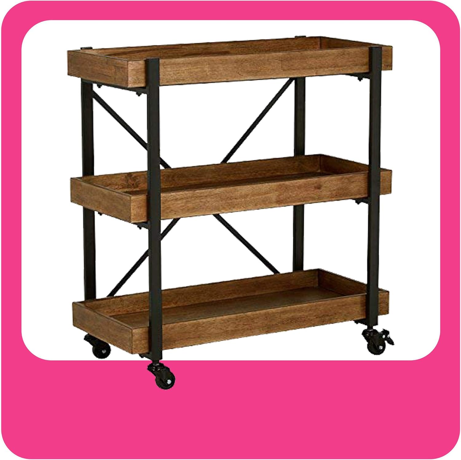 Riley Modern Rustic Rolling Bar Cart with Wheels, 32 Inch Height, Kitchen Organizer Utility, Wood, Matte Black Metal Finish