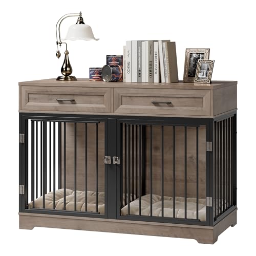 Dog Crate Furniture 47" Wooden Dog Kennels for Dogs Indoor with a Removable Divider for Large/Medium/Small Dogs, 2 Storage Drawers and Large Tabletop Dog Cages Double Doors Dog House, White