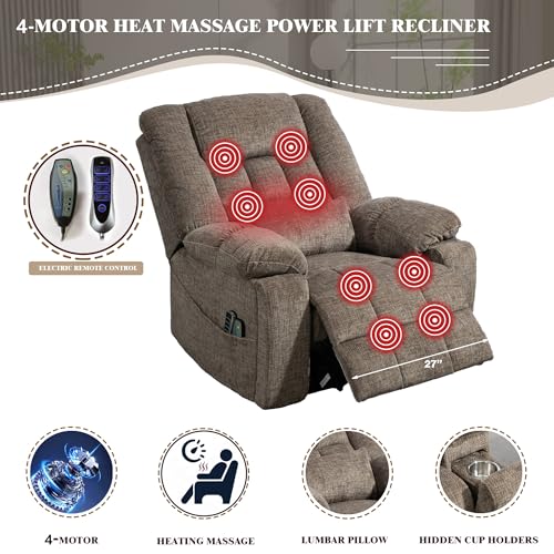 Light Grey Recliner Chair for Elderly | Tall and Big Man 400lbs | Chenille | Power Lift, Lay Flat, Stand Up, Wireless Charging Device, Extended Footrest, Massage Heat, Cup Holder, Lumbar Pillow