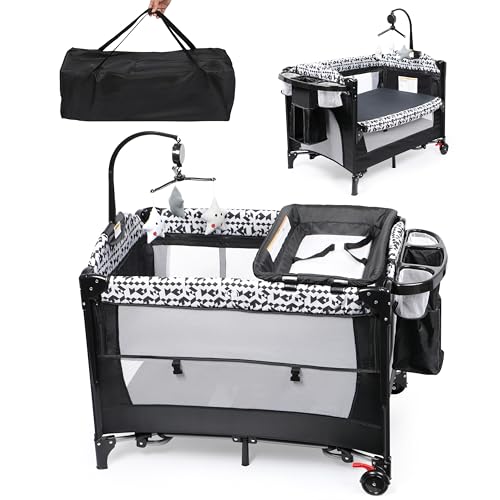 Xilingol 5-in-1 Pack and Play, Baby Bassinet Bedside Sleeper with Diaper Changer, Storage Bag & Music Box, Portable Baby Crib with Carry Bag, Foldable Playard with Bassinet for Newborn to Toddlers