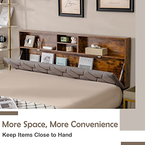 Giantex Queen Size Bed Frame with Storage Headboard, Modern Upholstered Platform Bed w/ 4 Storage Shelves & Hidden Space, Mattress Foundation, 12 Strong Slats Support, No Box Spring Needed