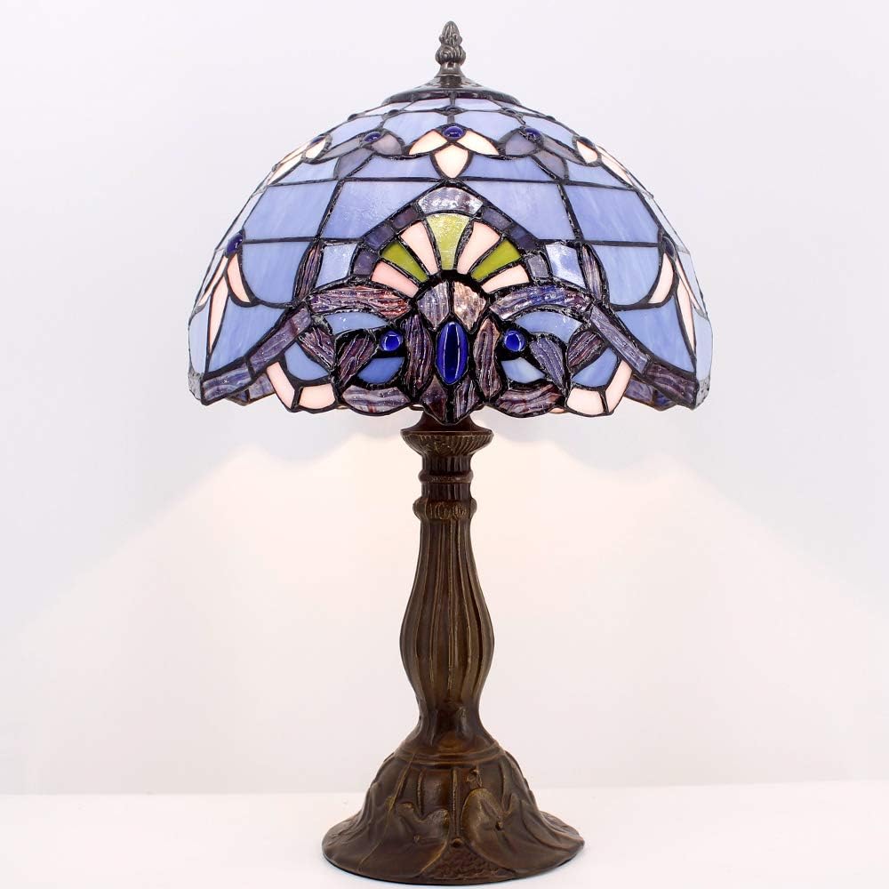 WERFACTORY Tiffany Lamp Stained Glass Table Lamp 12X12X18 Inches Blue Purple Baroque Style Lavender Bedside Reading Desk Light Decor Bedroom Living Room Home Office S003C Series