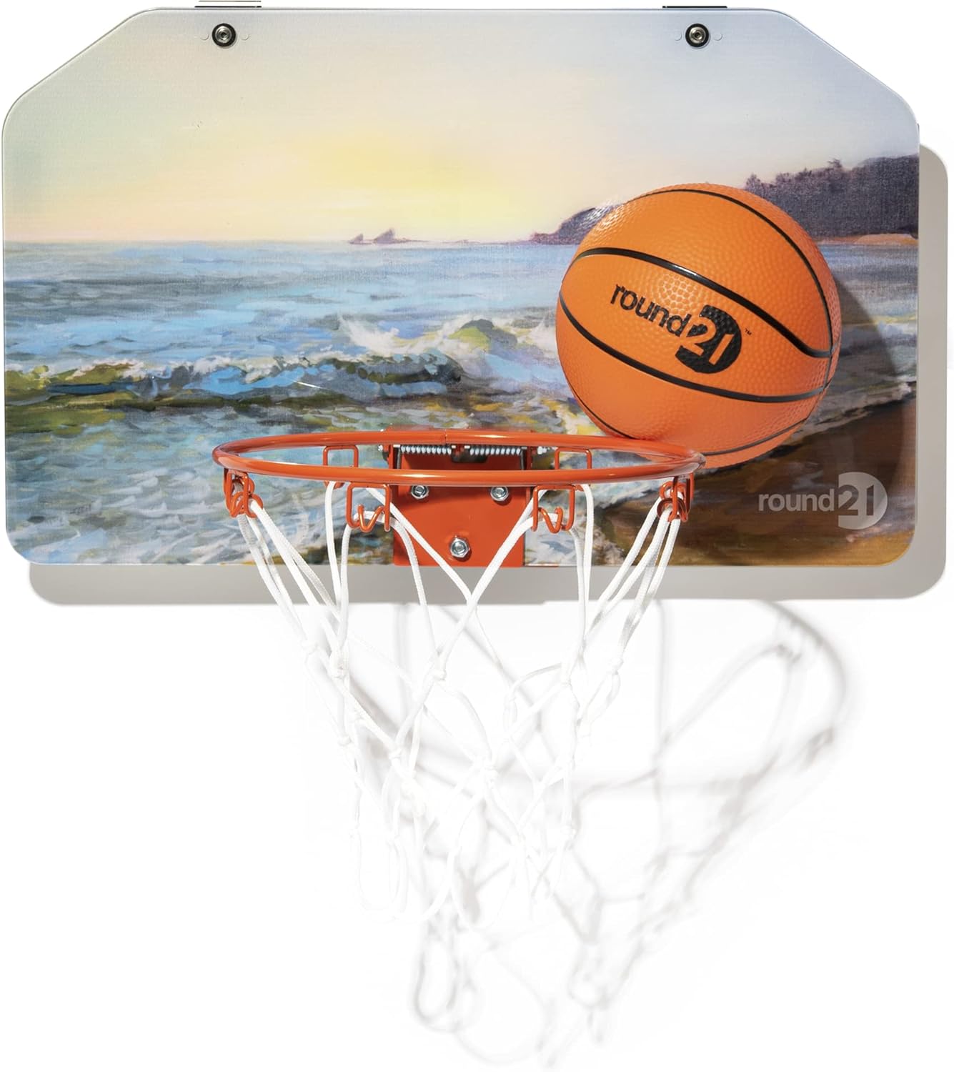 round21 - Ocean View - Over The Door Mini Basketball Hoop with 18" x 11" Polycarbonate Backboard, Flexible Rim and Net, Includes 5" Rubber Ball