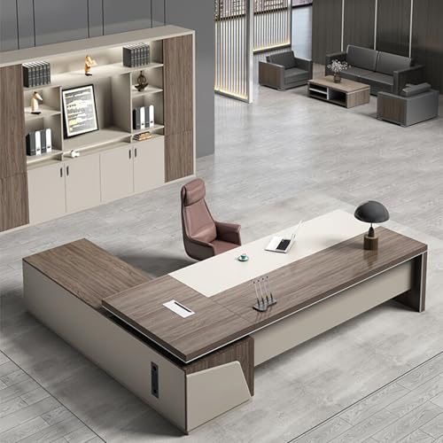 L Shaped Desk with Power Outlet and Drawer Cabinet, Executive Computer Desk with Storage Cabinet, Business Furniture Large Work Study Writing Gaming L Shape Desk for Home Office