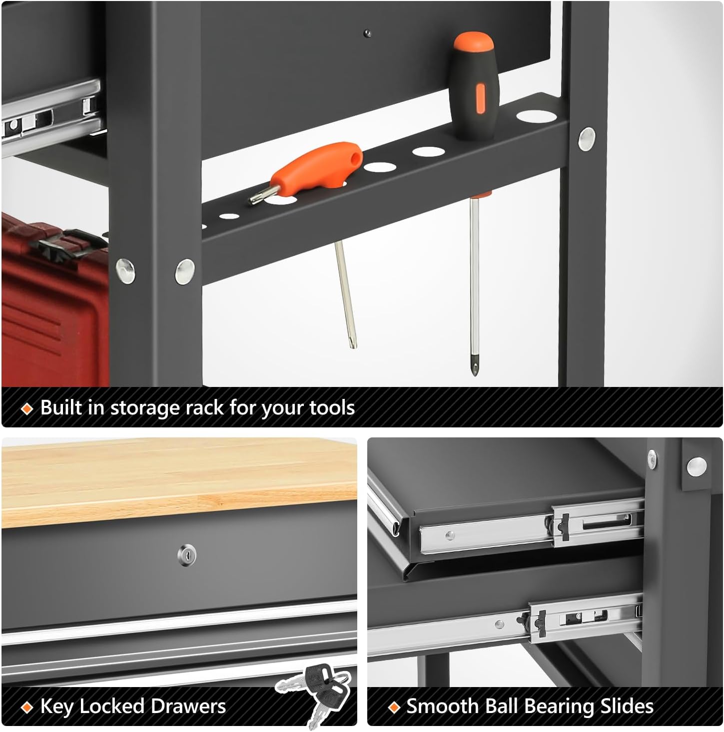 DNA MOTORING 3-Drawers Wood Top Utility Rolling Tool Chest Cabinet with Wheels, Heavy Duty Industrial Service Cart Keyed Locking System, for Garage Warehouse Workshop, Black, TOOLS-00403