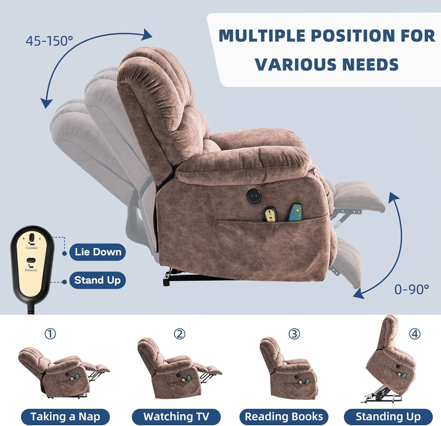 Large Electric Power Lift Recliner Chair for Elderly Big People, Heated Massage Motorized Reclining Sofa, Wide Soft Fabric Recliners with 2 Remote Controls, Side Pockets & USB Ports, Brown