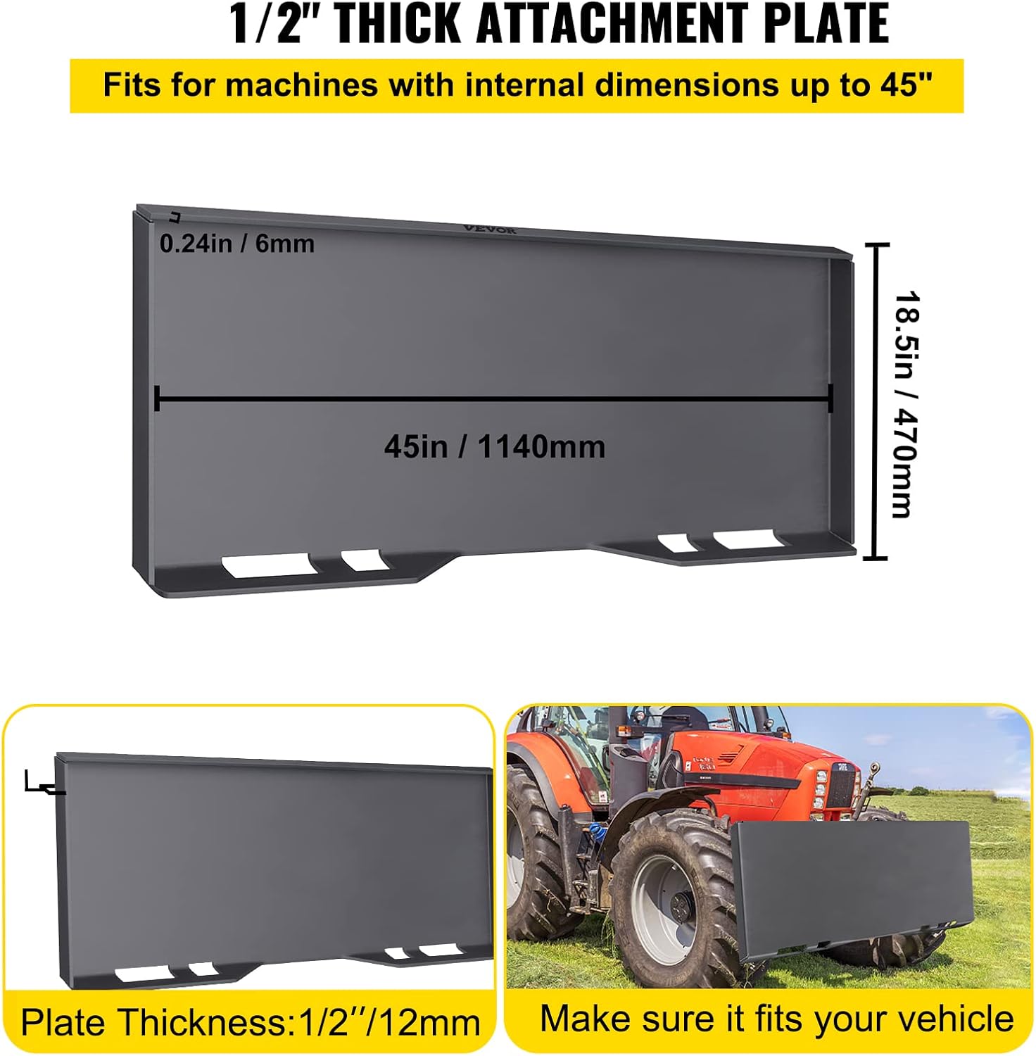 VEVOR Skid Steer Mount Plate Thick Skid Steer Attachment Plate Steel Quick Attachment Loader Plate with 3 Additional Welding Rods Easy to Weld or Bolt to Different Accessories (1/2")