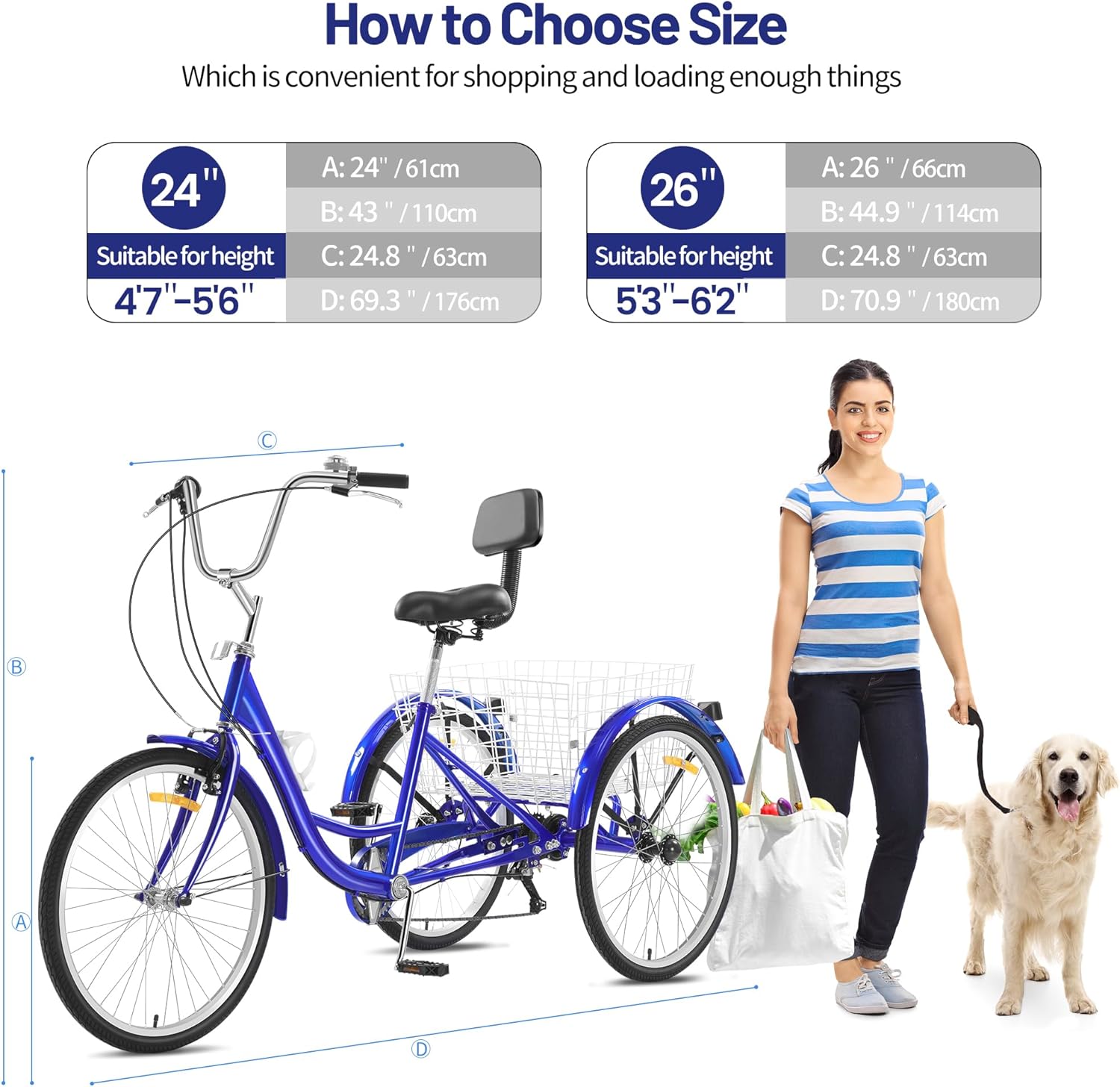 7 Speed Adult Tricycle, 3 Wheel Bikes with Rear Baskets, 24 Inch Wheels, Comfortable Seat for Women, Men, Seniors, Ideal for Shopping, Beach, City Rides