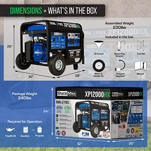 DuroMax XP13000HXT 13,000-Watt 500cc Tri Fuel Gas Propane Natural Gas Portable Generator with CO Alert, Black/Blue