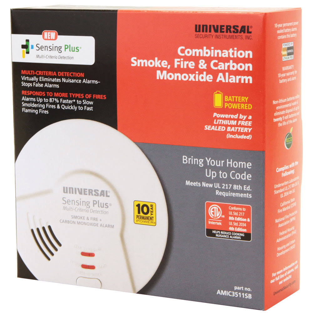 Universal Security Instruments Inc AMIC3511SB 10-Year Sealed Battery Operated 3-in-1 Smoke Fire u0026 Carbon Monoxide Detector M