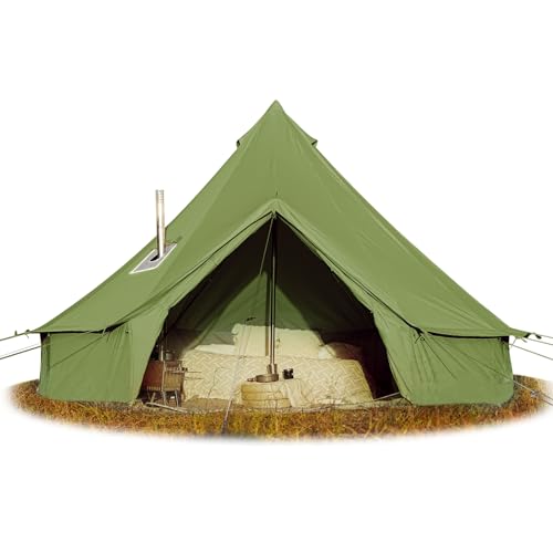 Cotton Canvas Bell Tent, Waterproof Large Tents with Sturdy Center & Door Pole and Space for 4/6/8 Person All 4 Season Camping Yurt Tent