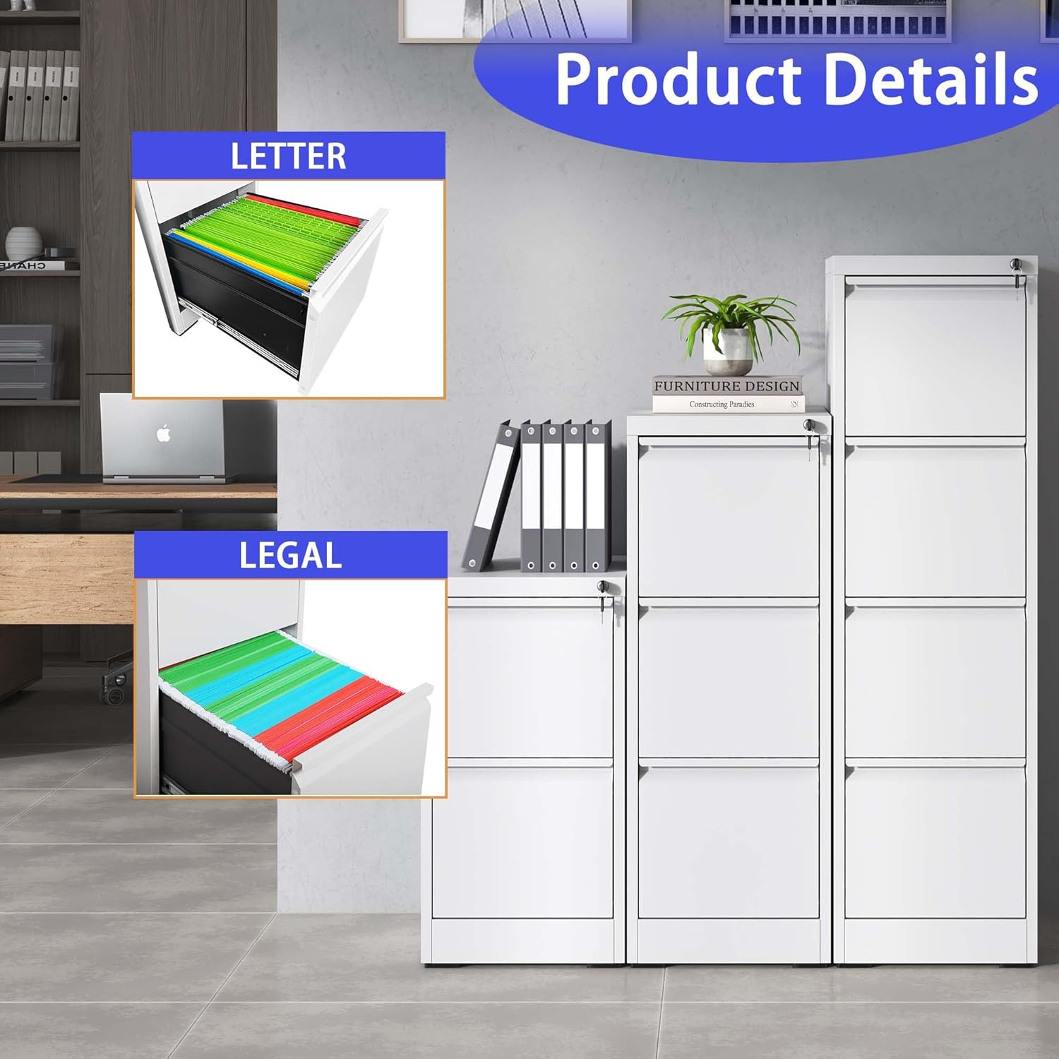 2 Drawer Metal Vertical File Cabinet with Lock Office Home Steel Vertical File Cabinet for A4 Legal/Letter Size (White)