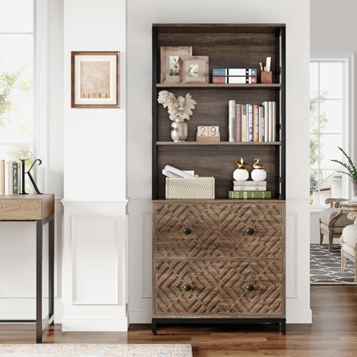Tribesigns 2-Drawer File Cabinet, Vertical Lateral Filling Cabinet for Letter Size/A4 Size, Printer Stand with 3 Open Storage Shelves for Home Office (Brown)